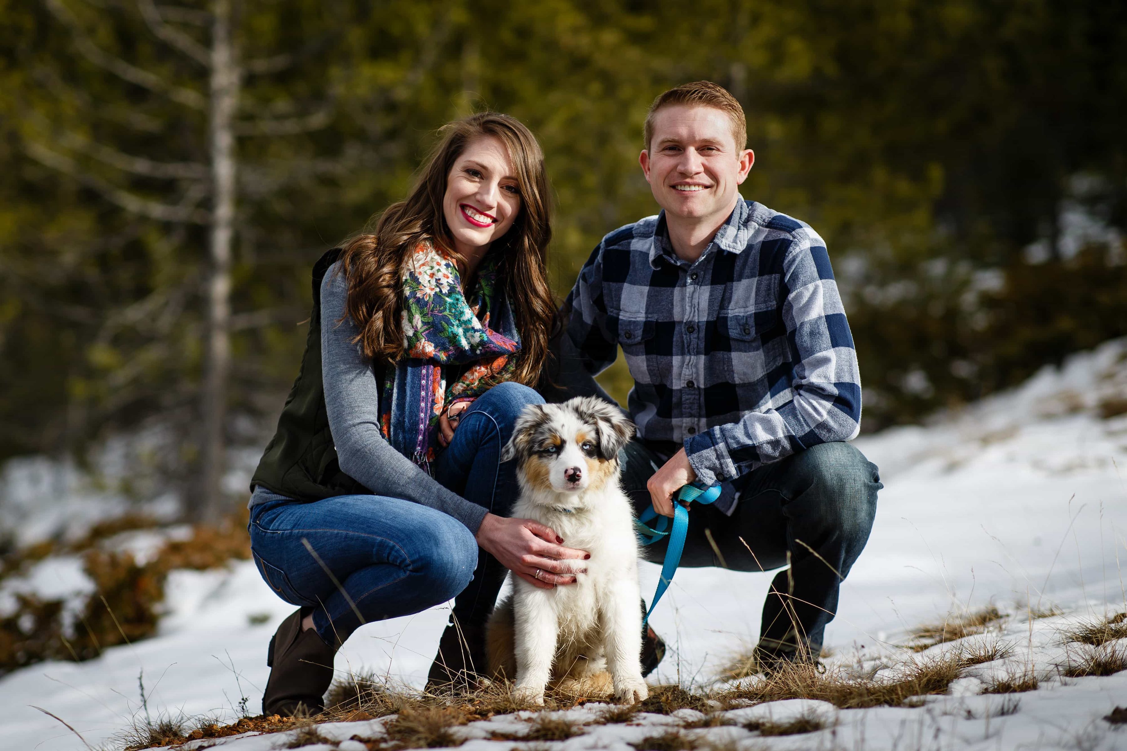 Hannah and James pose with their Austrailian Shepard puppy in Evergreen during their engagement photos