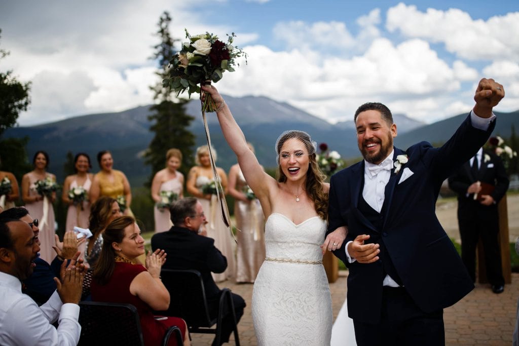 Nick and Sharon react following their TenMile Station wedding ceremony in Breckenridge