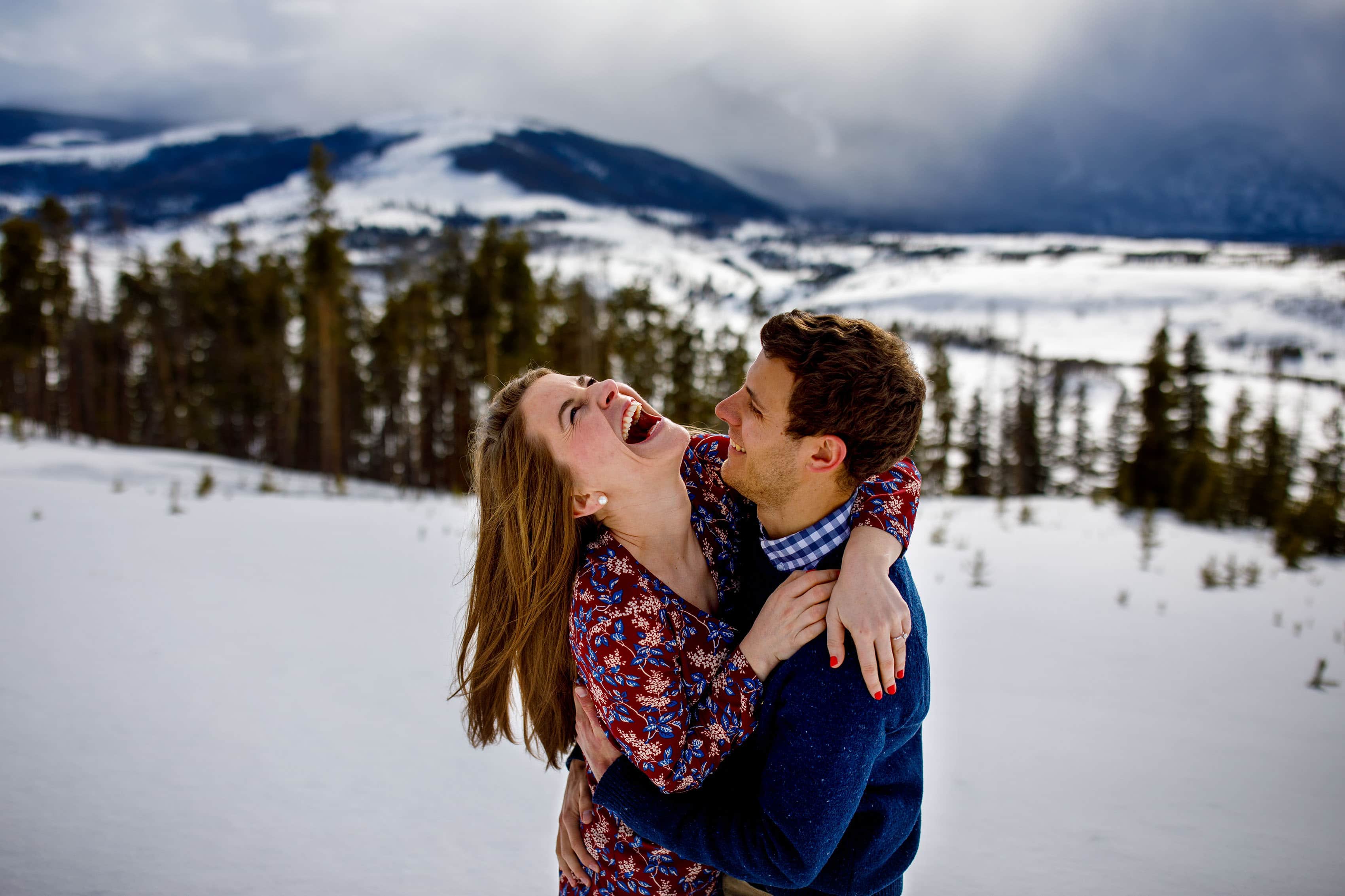 Jessica and Mike share a laugh at Sapphire point during their winter engagement session