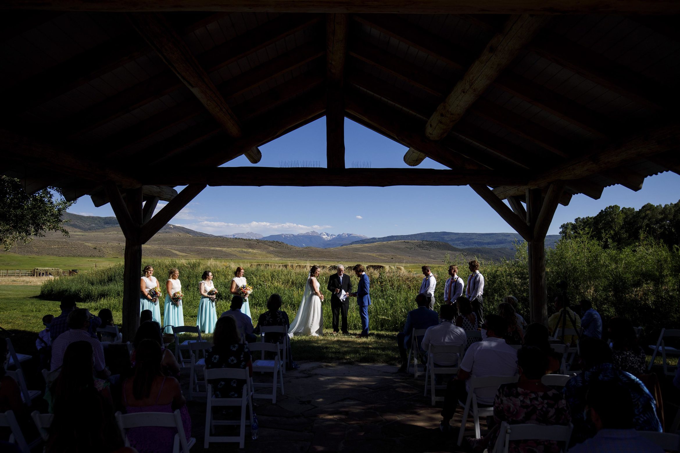 Ryan and Laura's wedding ceremony under the pavillion at 4 Eagle Ranch