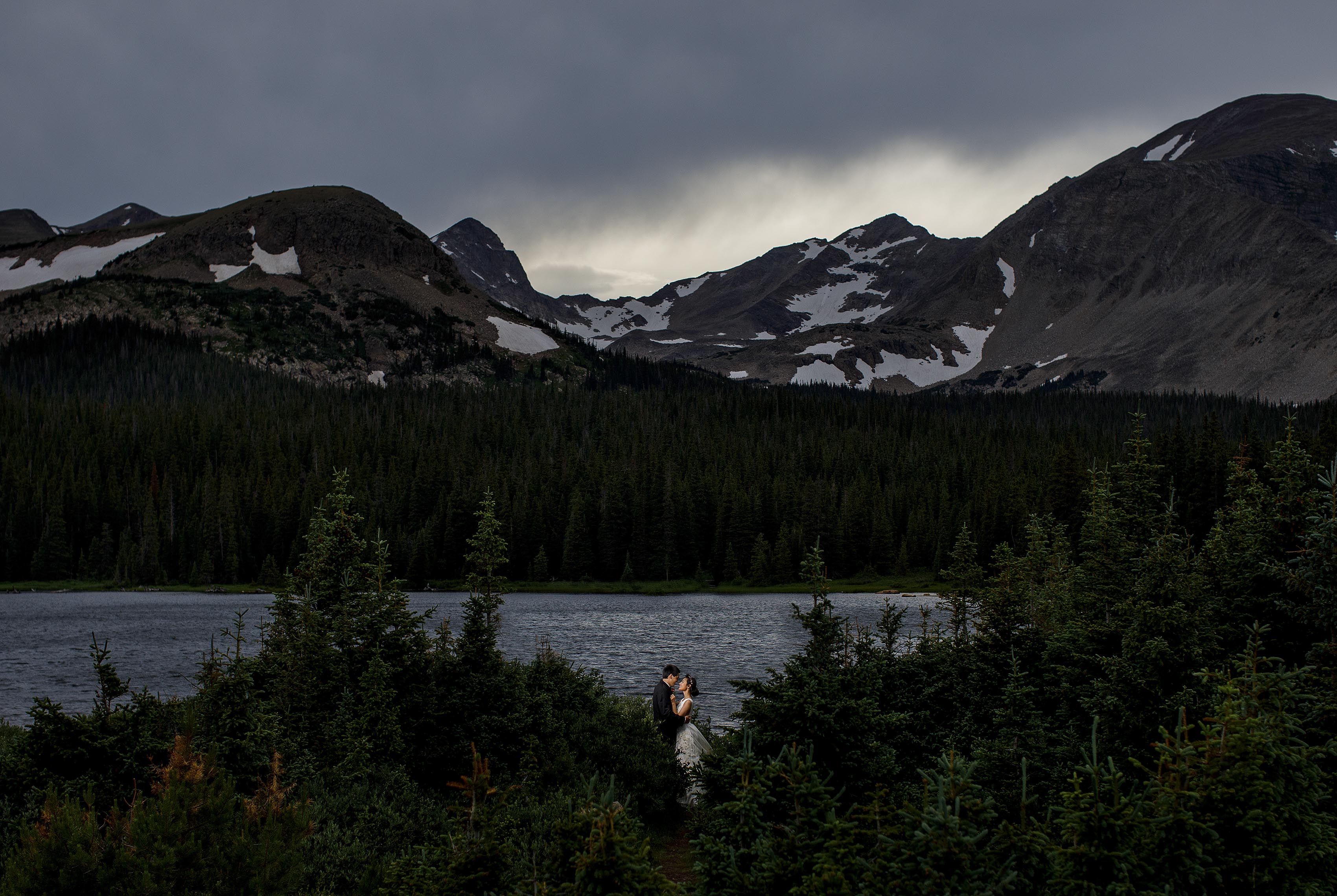 Cecelia and Jamie pose together near Brainard Lake during their Colorado mountain elopement