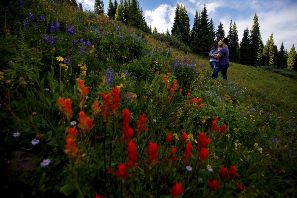 A couple shares a kiss in a field of colorful wildflowers near Shrine Pass during their Colorado mountain engagement