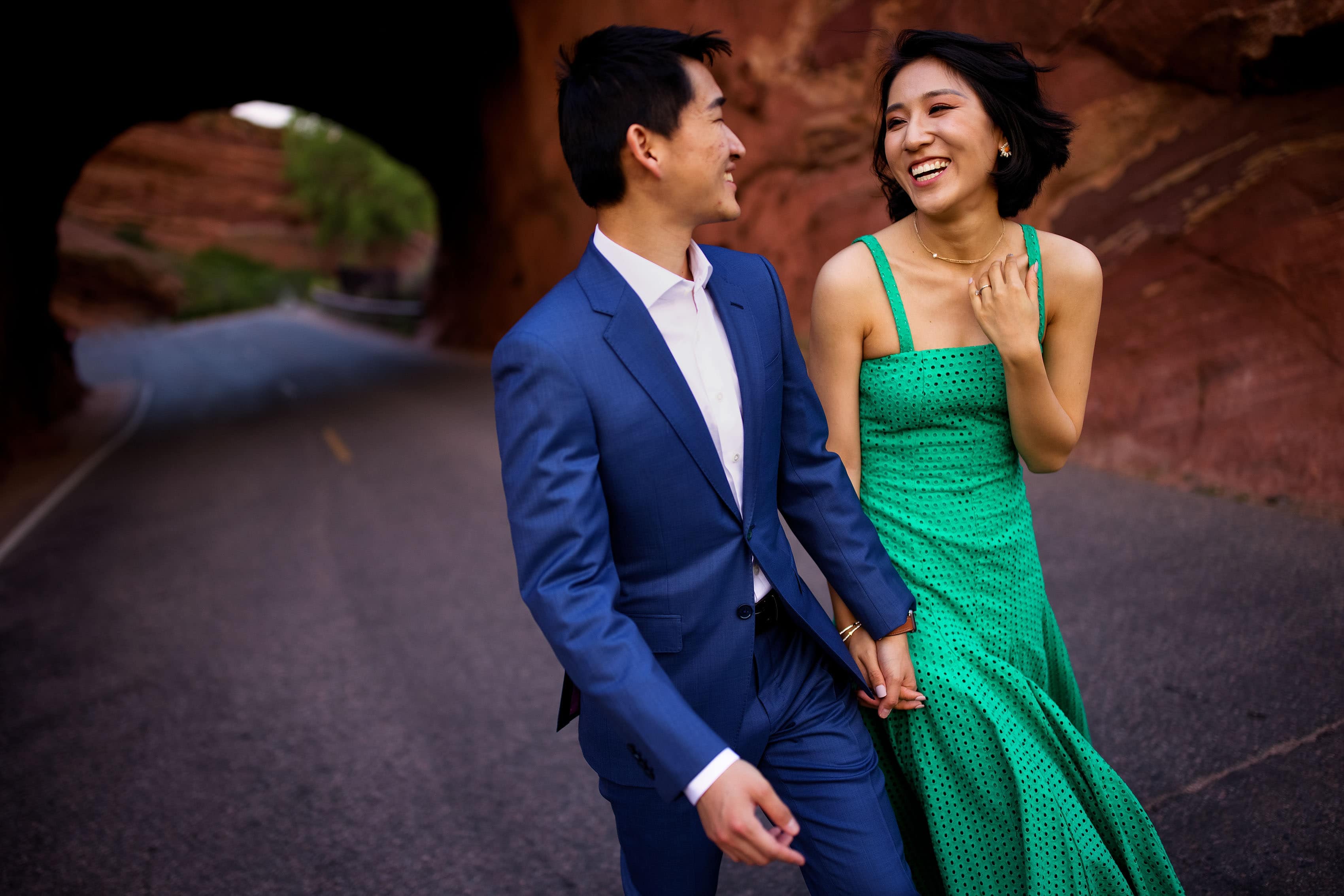 Yufan and Sunny share a moment together at Red Rocks amphitheatre during their engagement session