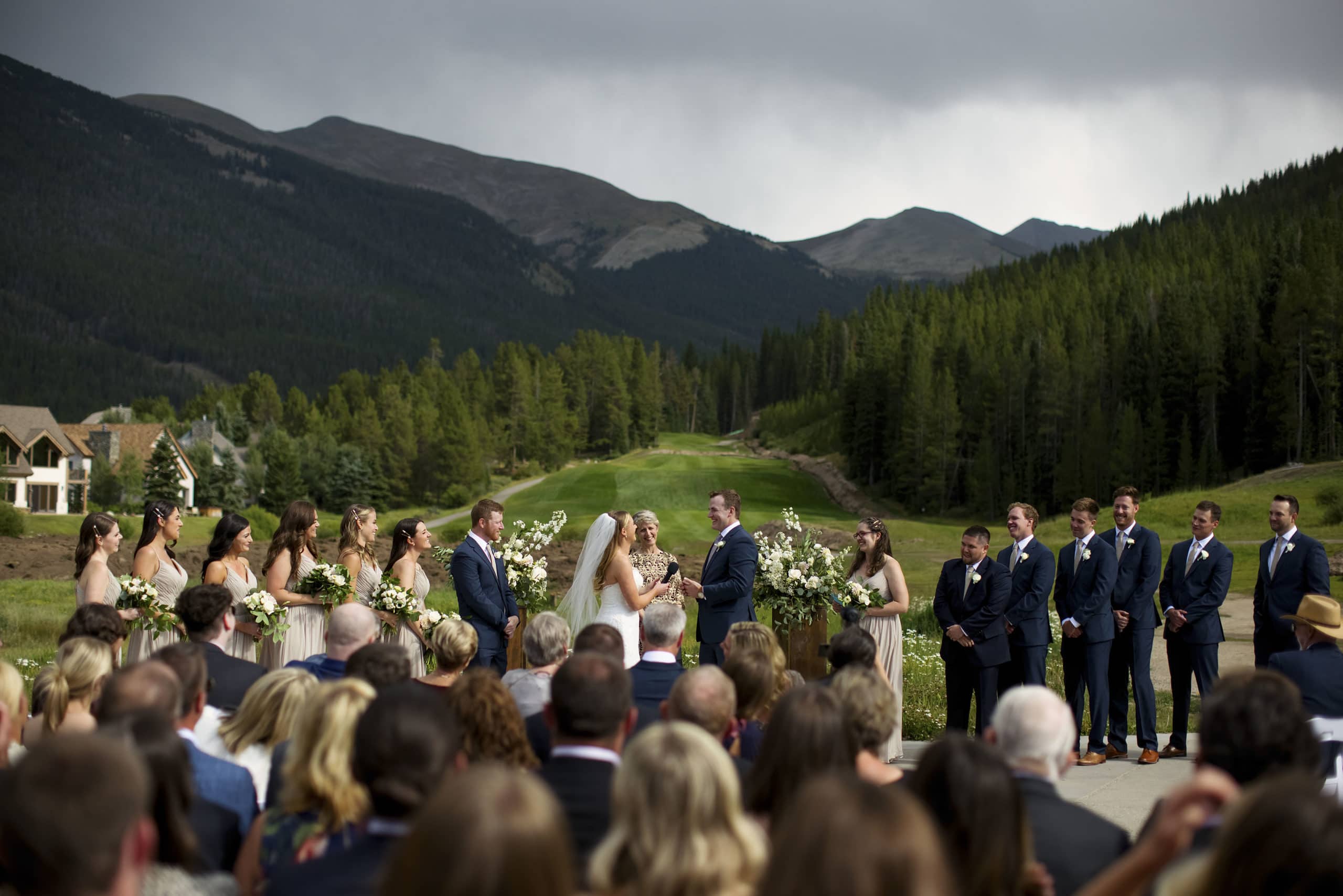 A view of the Mel and Drew’s wedding ceremony on the Copper VIsta pad at Copper Mountain