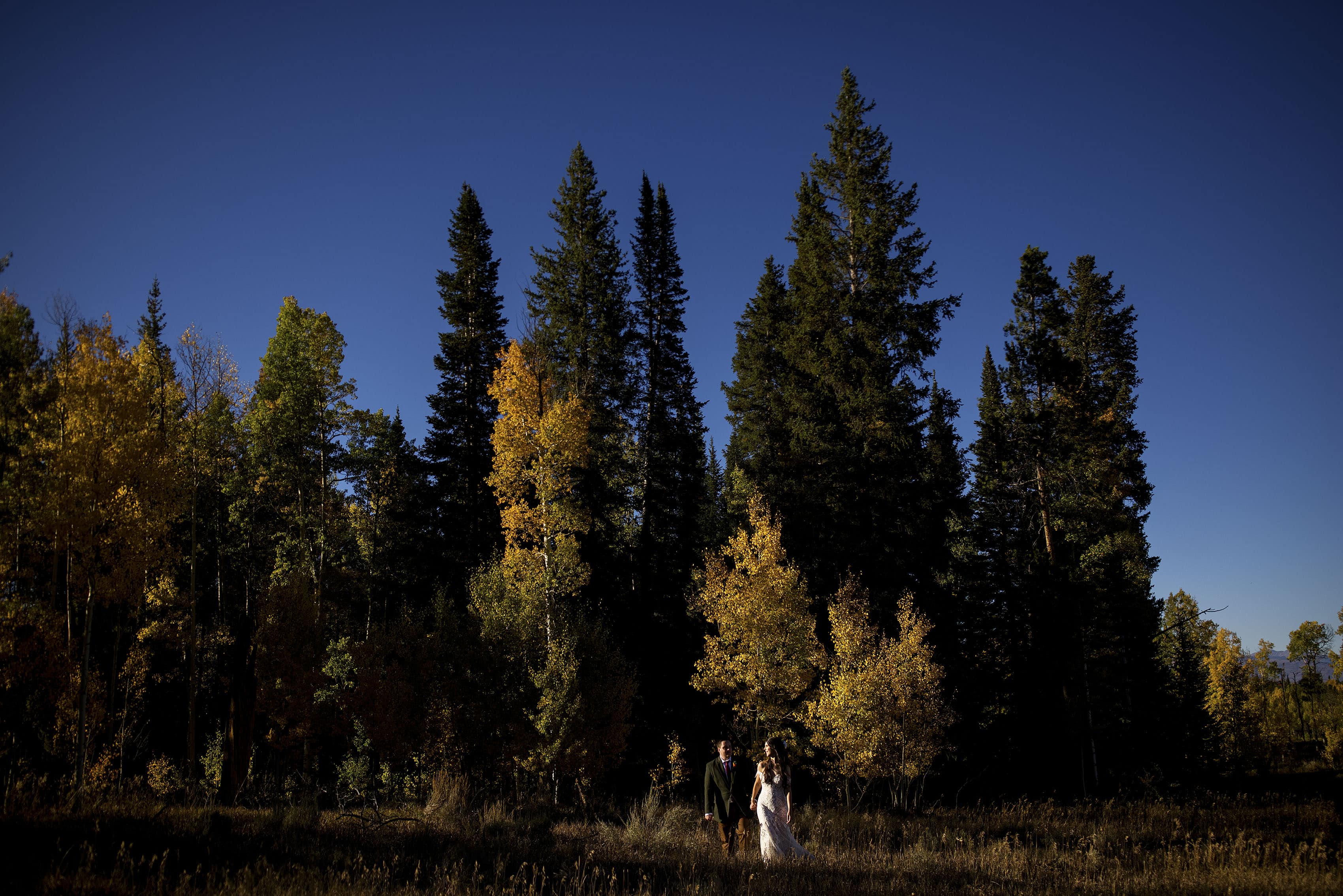 The bride and groom walk together in a field near fall colors at Snow Mountain Ranch