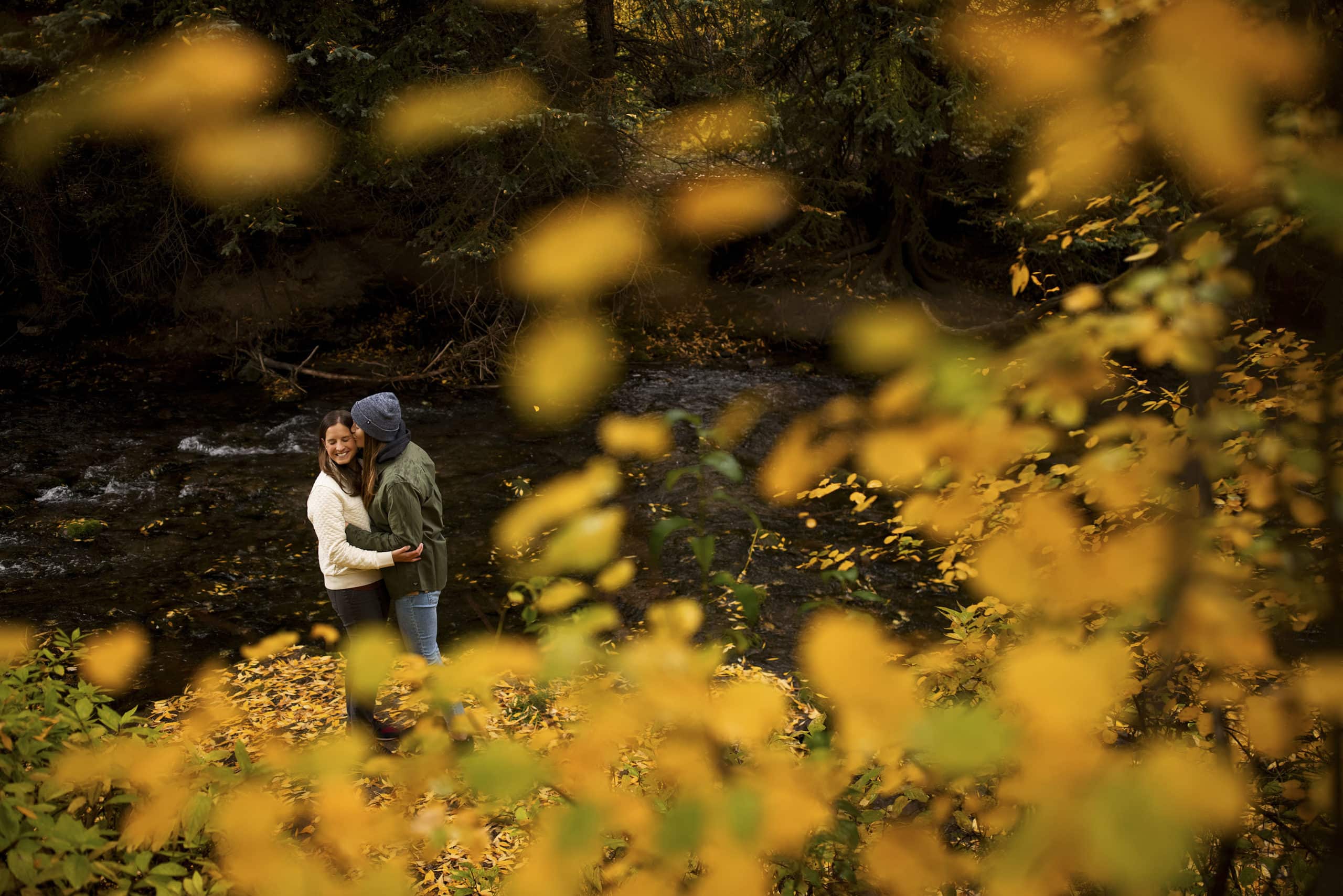 A couple shares a kiss near the San Miguel River in Telluride during their engagement photos