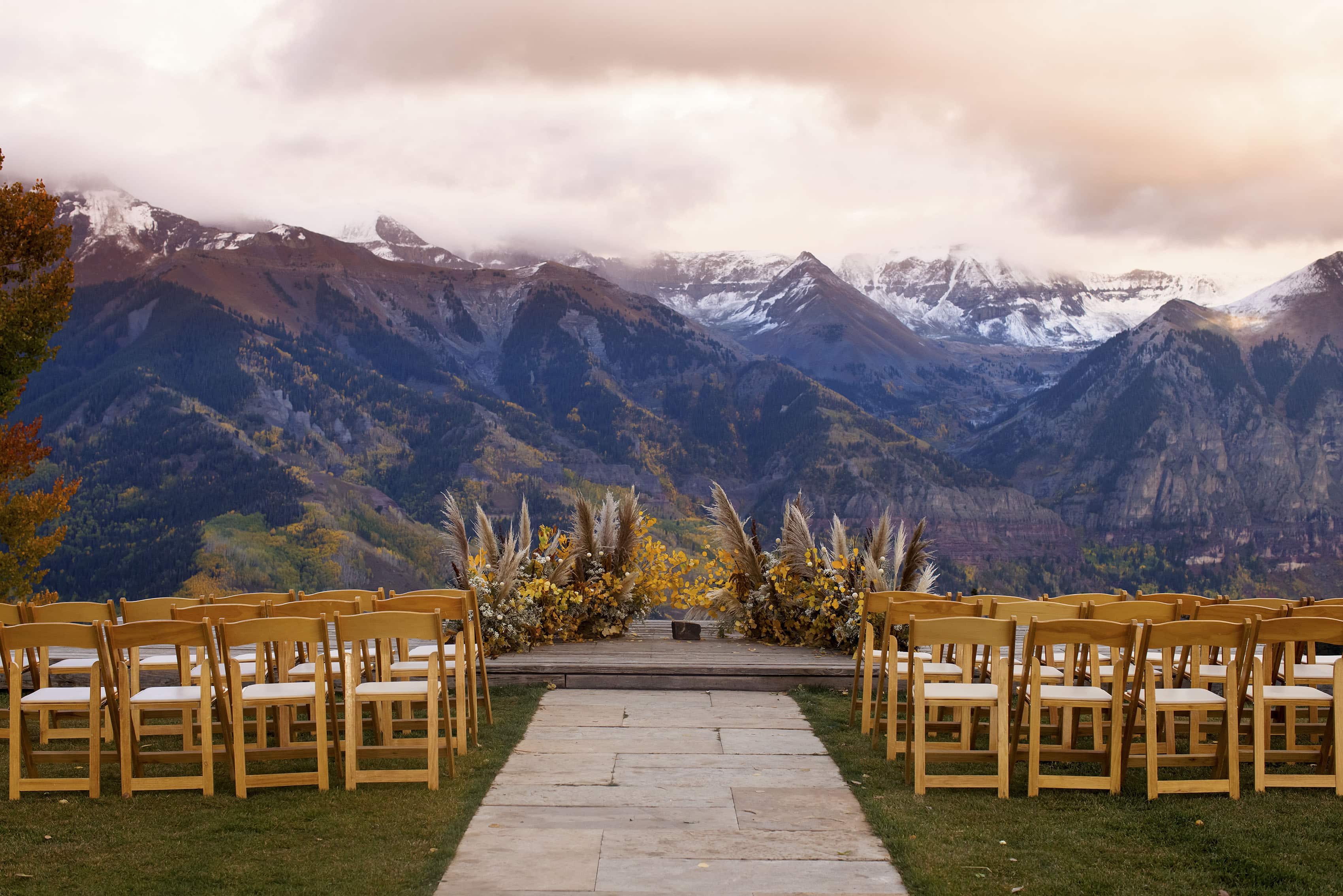 San Sophia Overlook Ceremony site atop Telluride Ski Resort during a fall wedding in Colorado