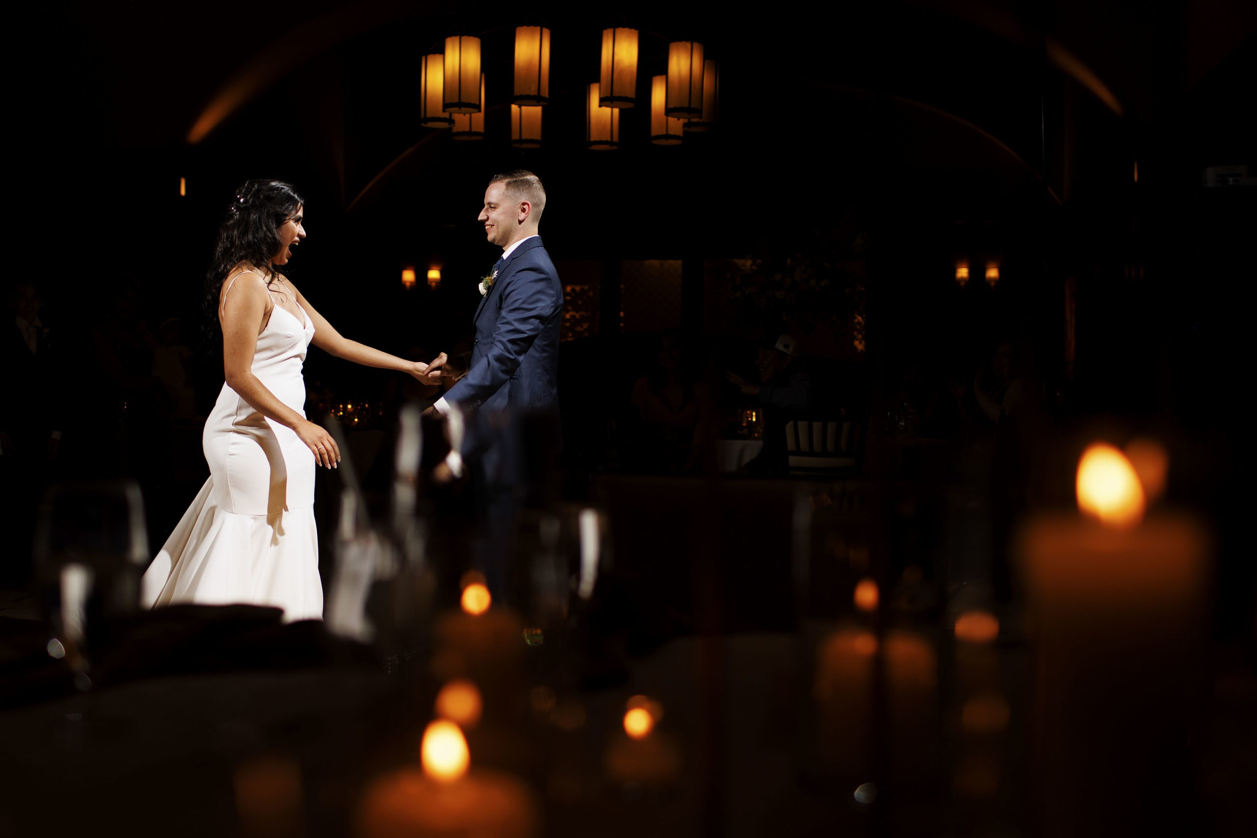 The newlyweds share their first dance at Flame Restaurant in Vail