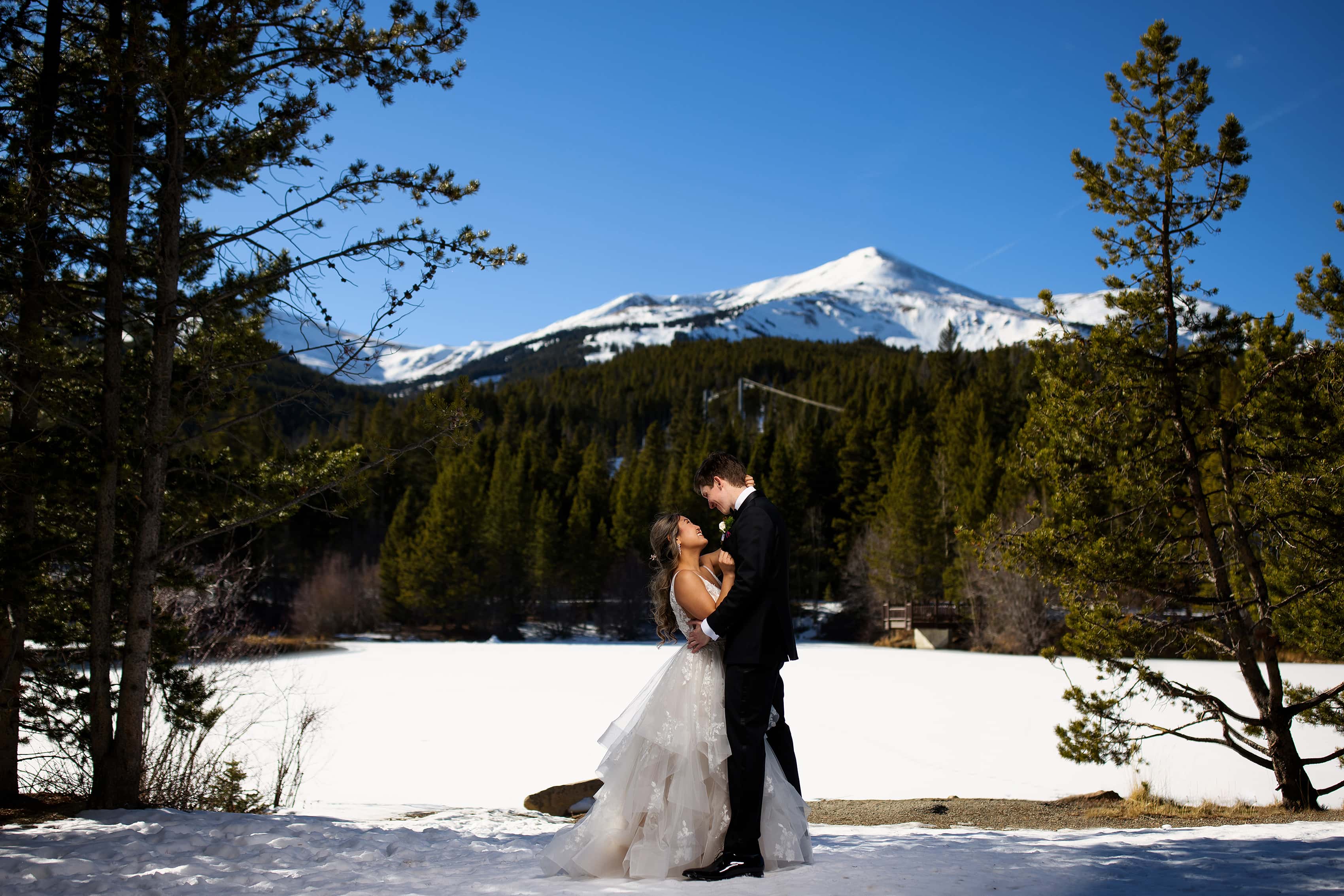 Chris and Julia pose together at Sawmill Reservoir during their winter wedding day