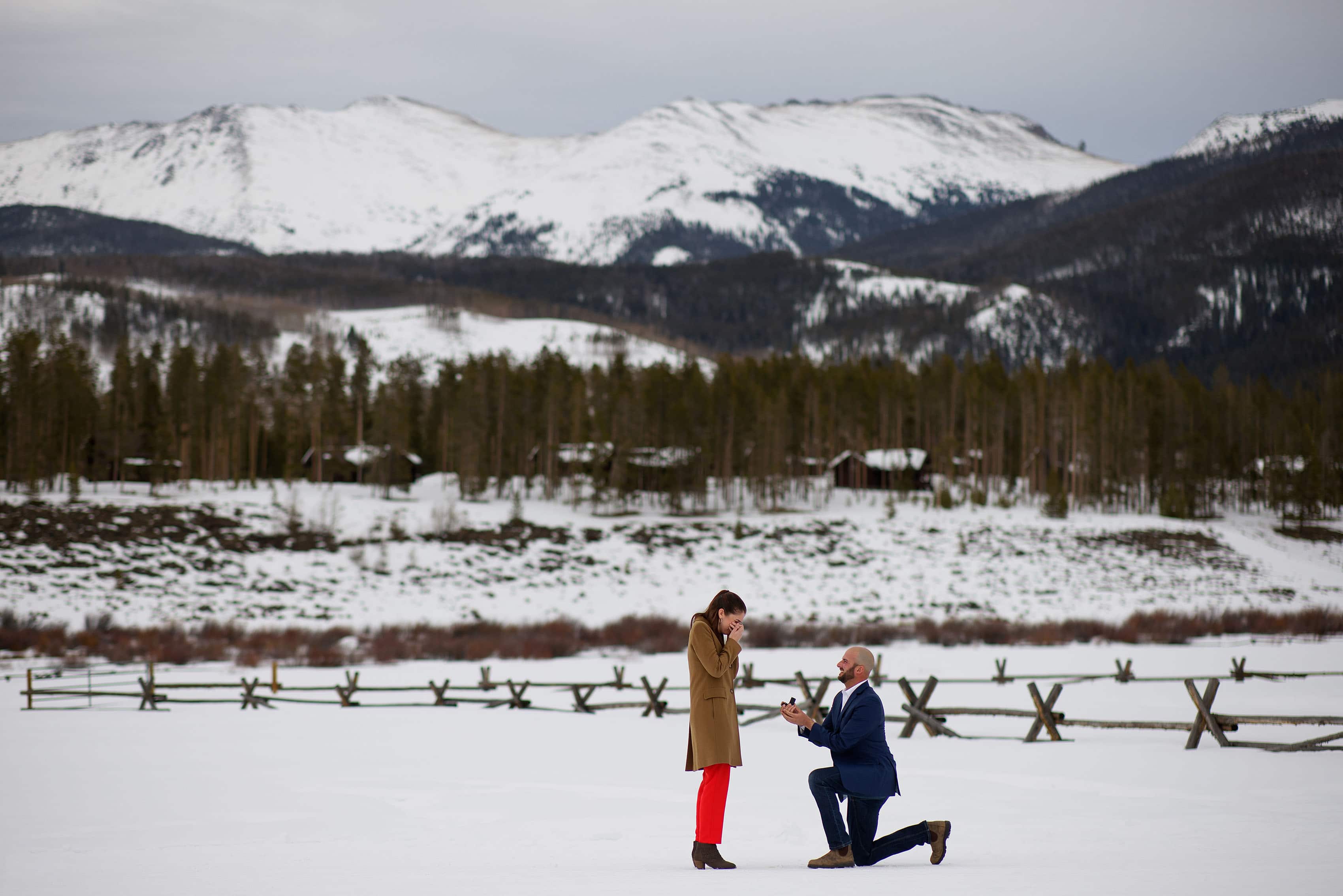 Michael proposes to Sarah at during the winter at Devil’s Thumb Ranch in Tabernash, Colorado