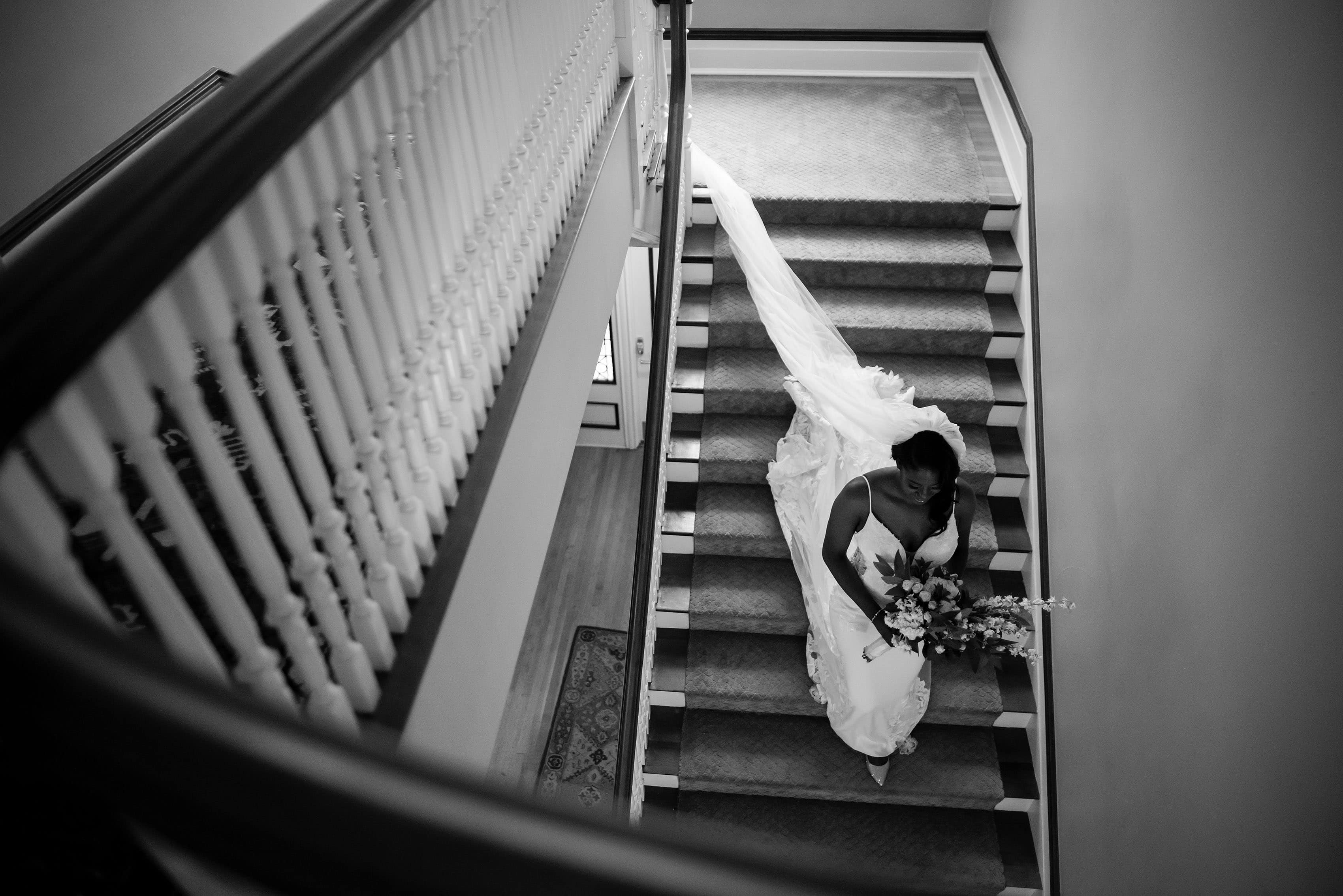 The bride walks down the stairs