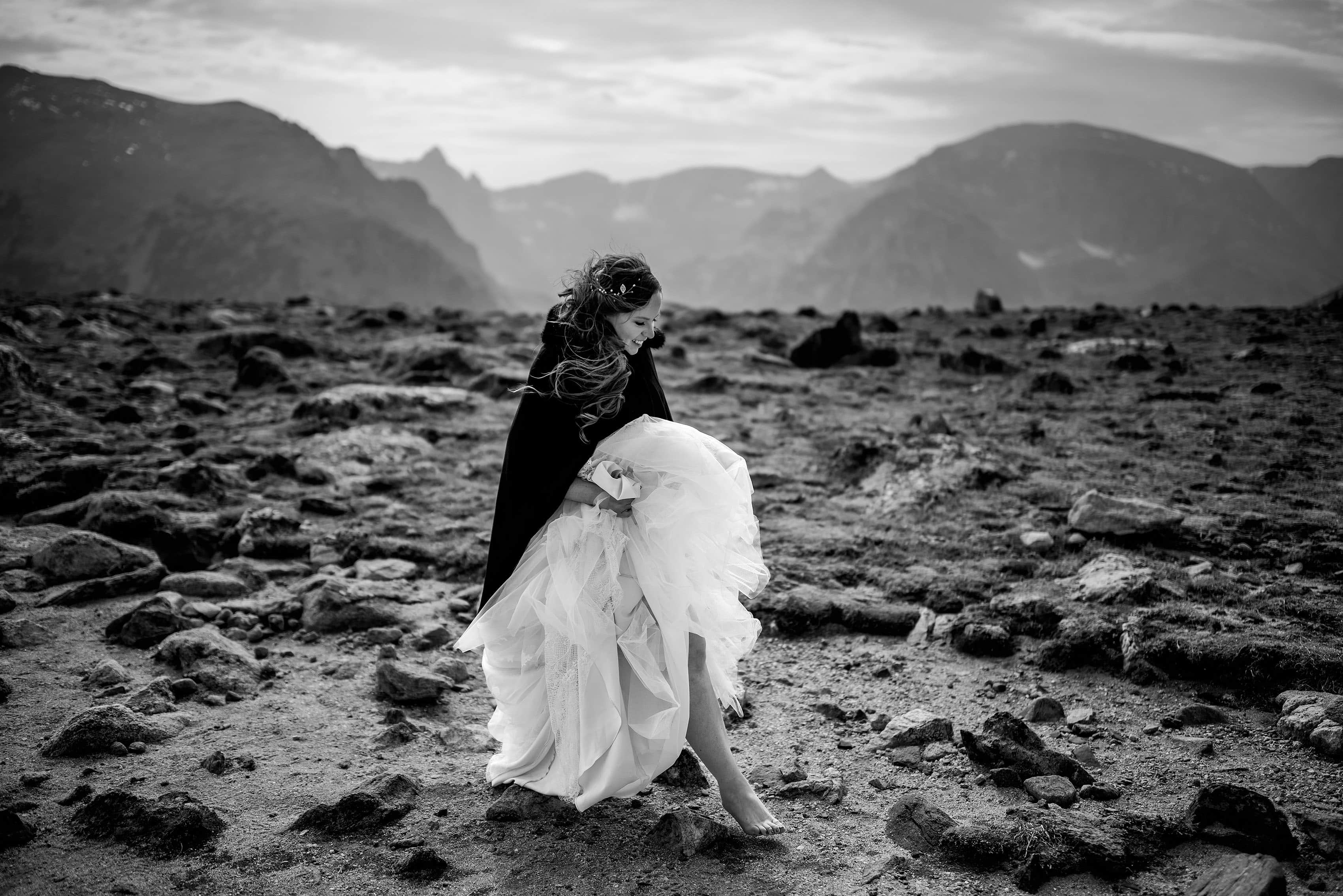 A bride walks barefoot in Rocky Mountain National Park