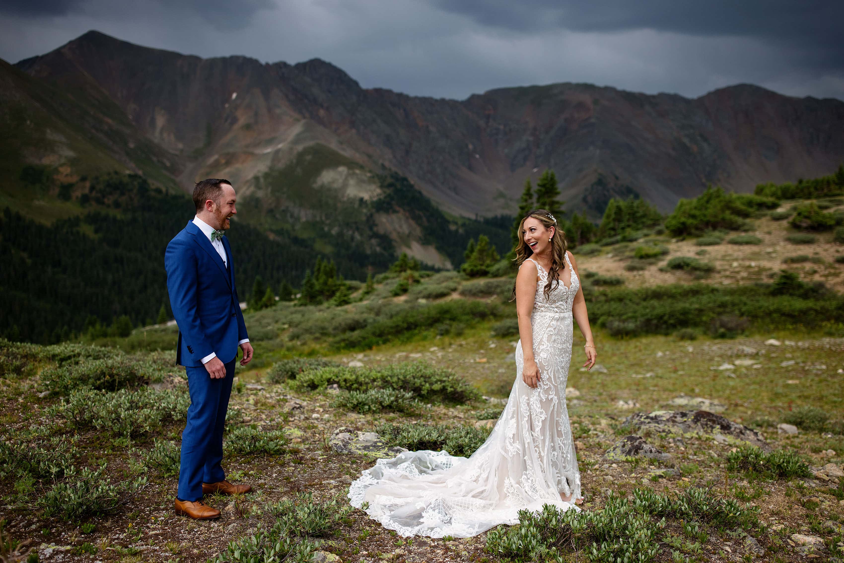 The bride and groom share a moment on Loveland pass
