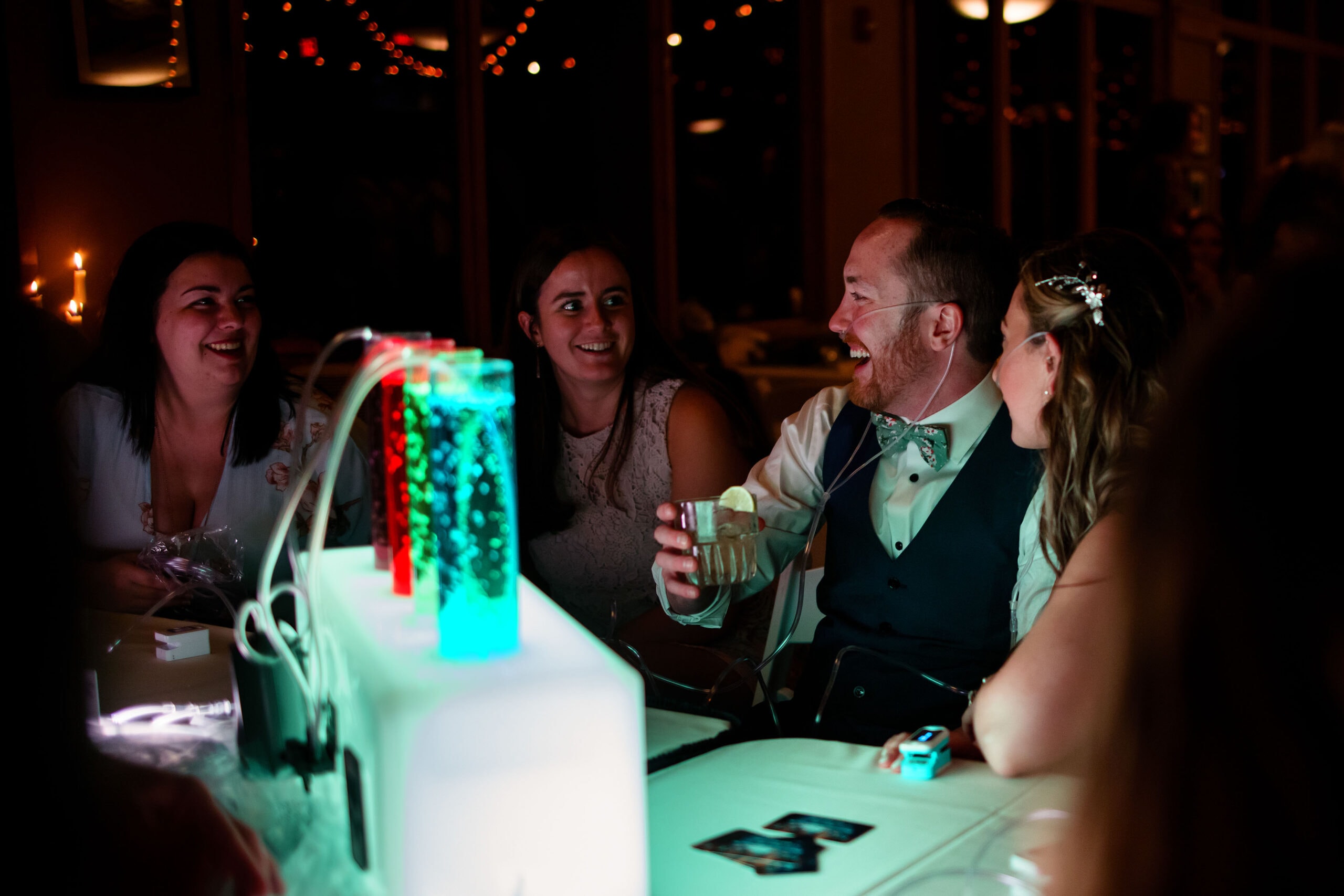 The bride and groom enjoy an oxygen bar during their reception