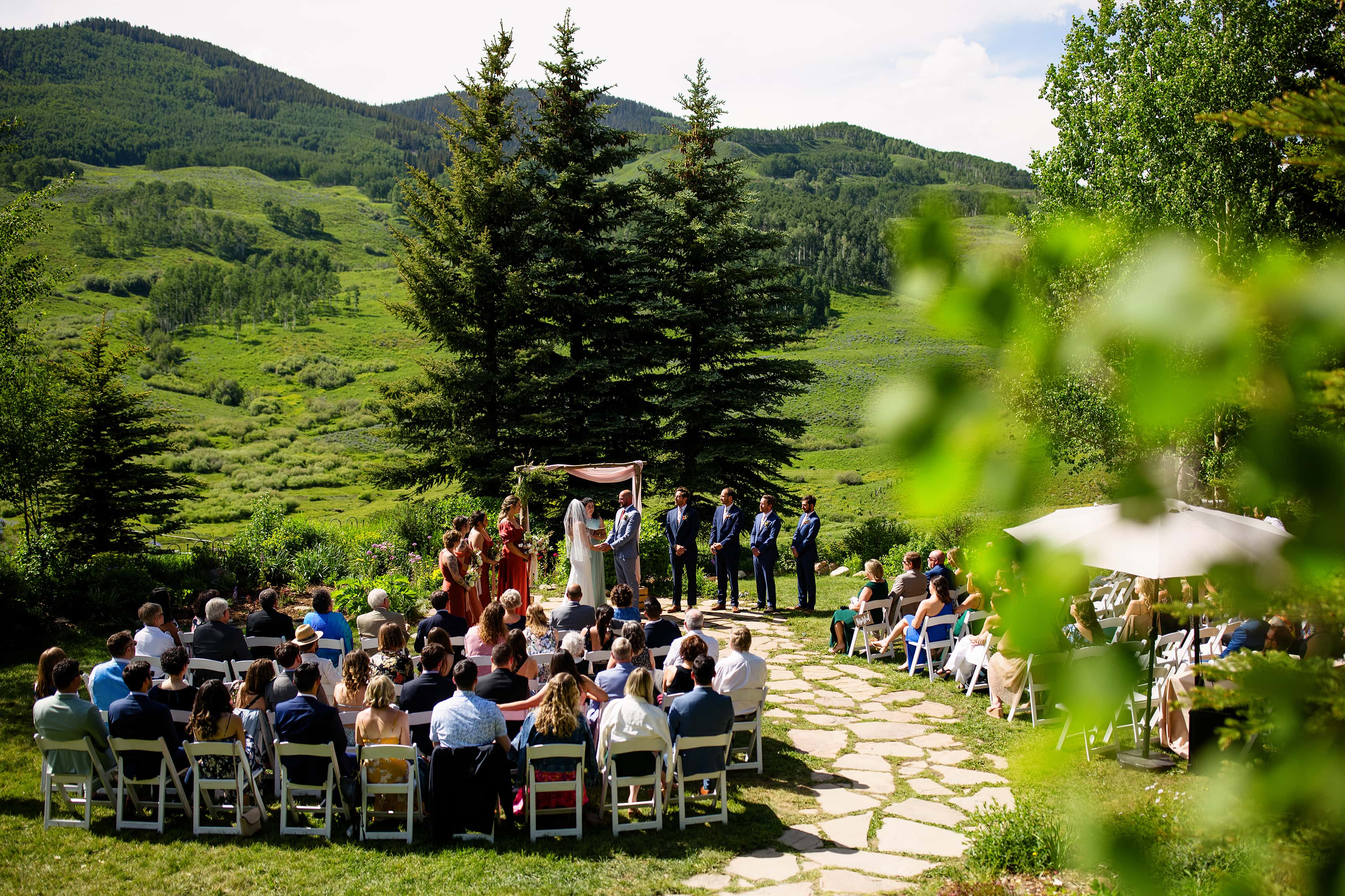 An elevated view of a wedding ceremony at Mountain Wedding Garden in Crested Butte